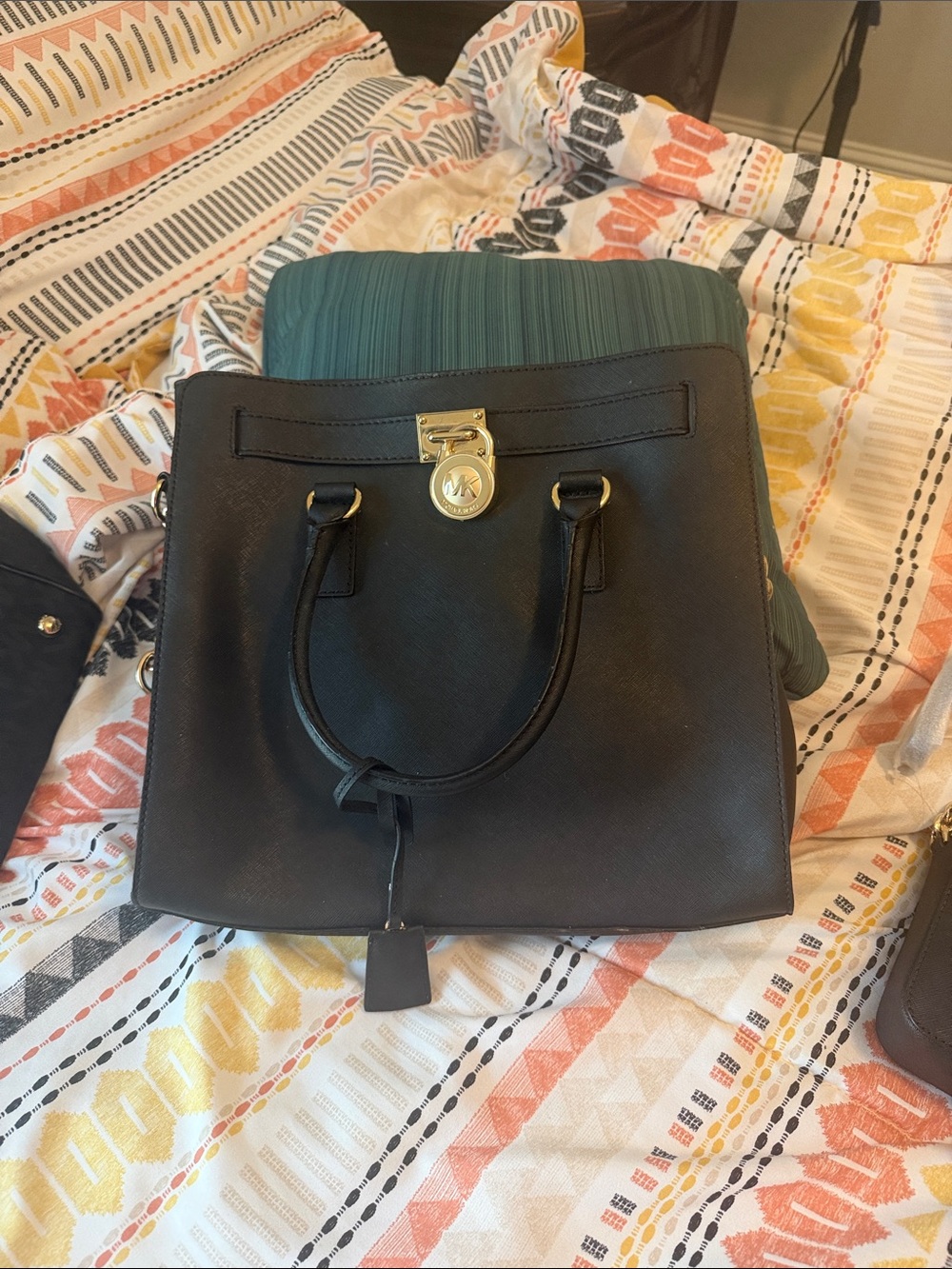 Michael Kors Black Saffiano Satchel with Gold Lock